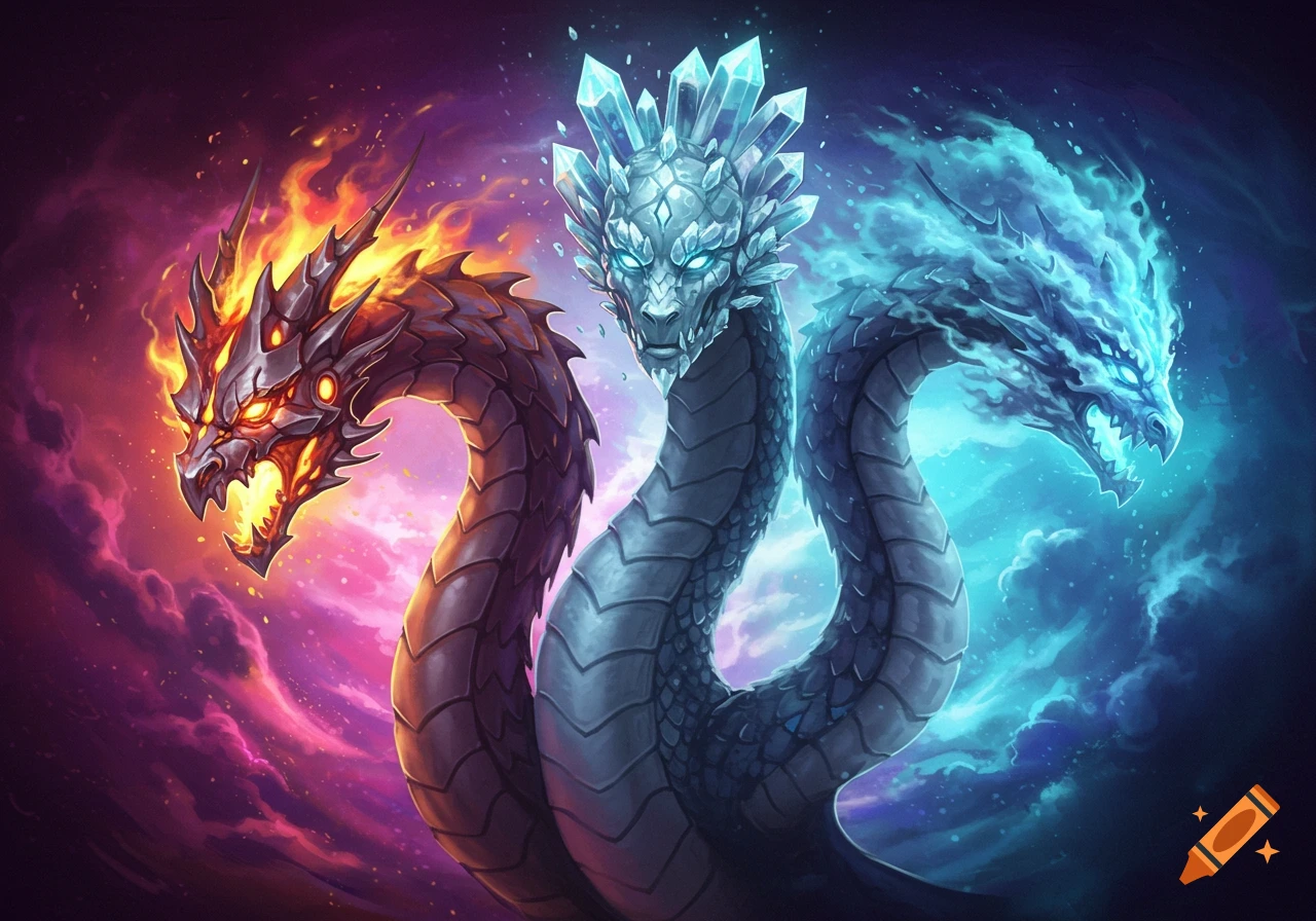 A three-headed fantasy dragon with heads of fire, ice crystals, and icy mist.
