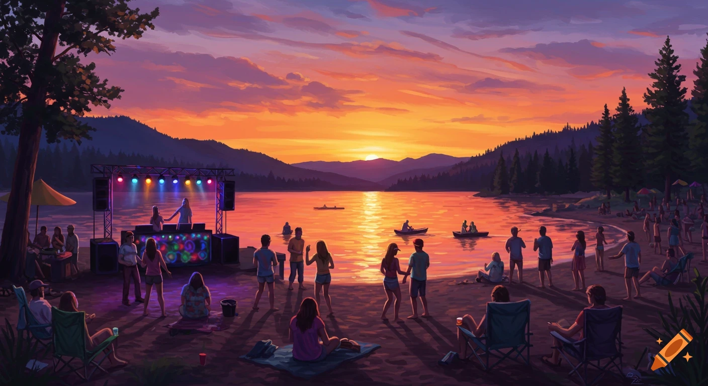 Illustrated sunset beach party by a lake with a DJ and people dancing.