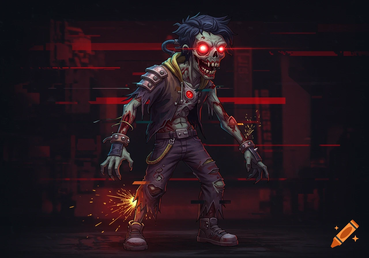 Stylized zombie with glowing red eyes, torn clothes, and glitch effects against a dark, glitched background.