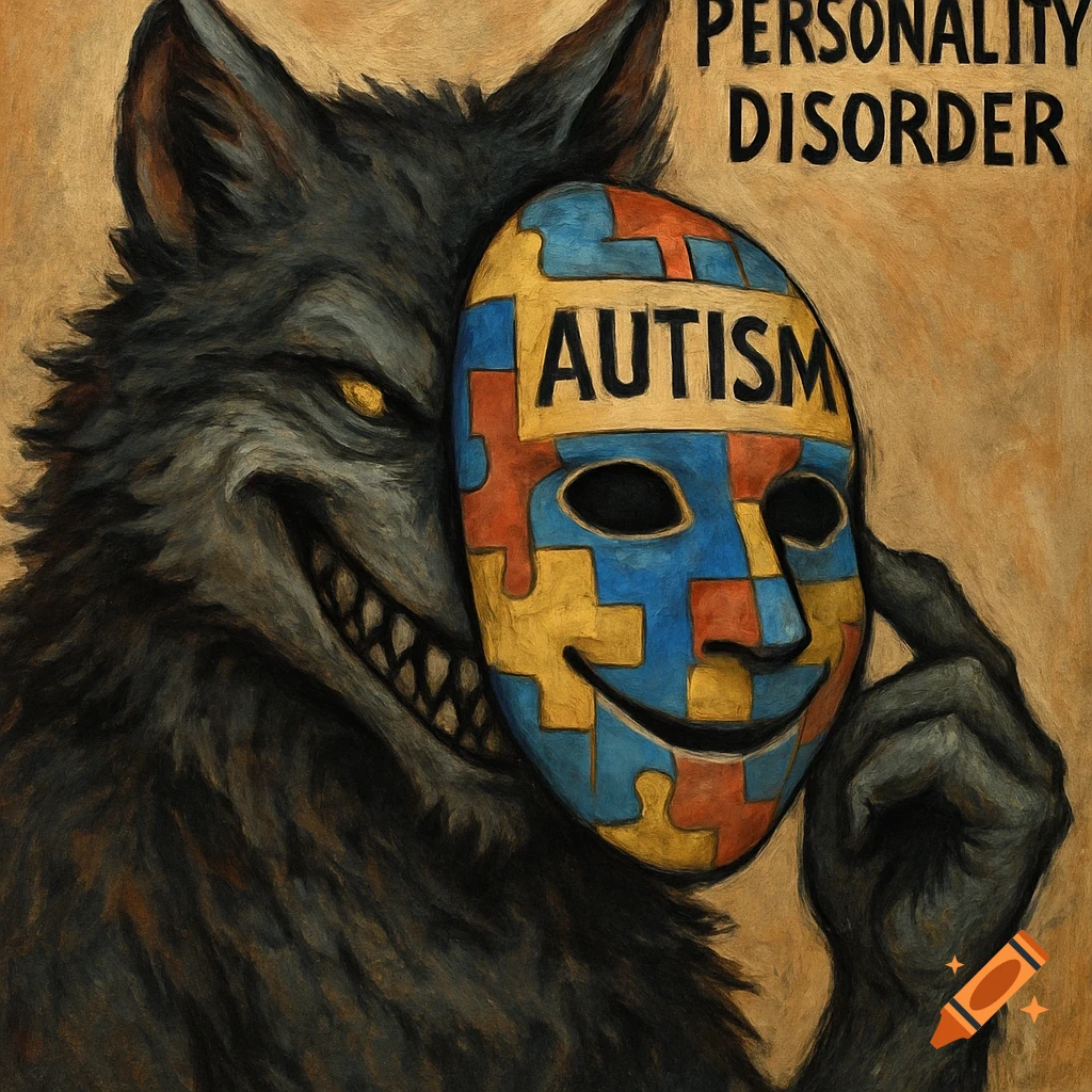 Painting of a grinning wolf putting on a puzzle-piece mask labeled AUTISM, with text PERSONALITY DISORDER.