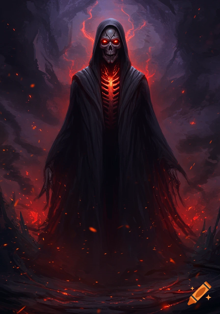 A hooded skeletal figure with glowing red eyes and ribcage in a dark, fiery environment.