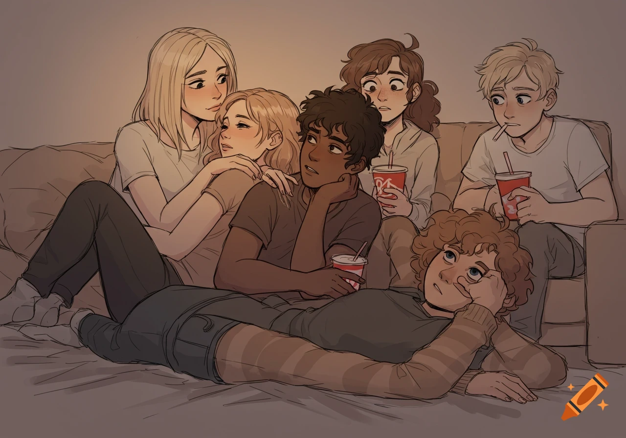 Sketched illustration of a diverse group of friends watching something on a couch, holding drinks.