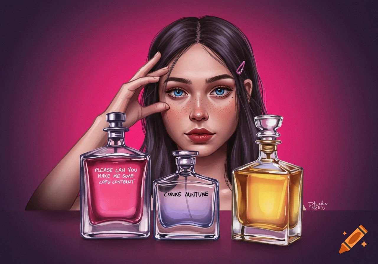 Stylized illustration of a woman looking over three perfume bottles.