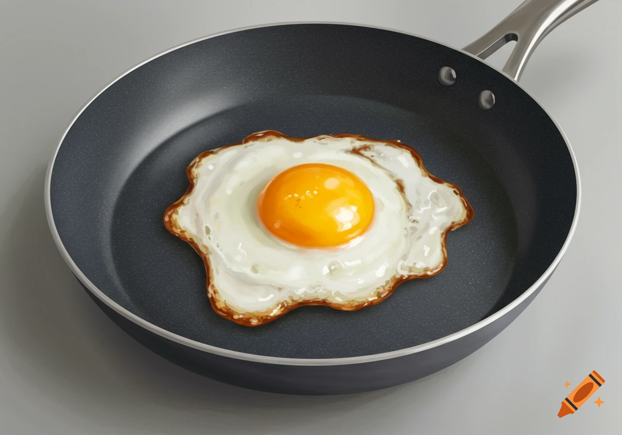 A single fried egg sits in a non-stick frying pan.