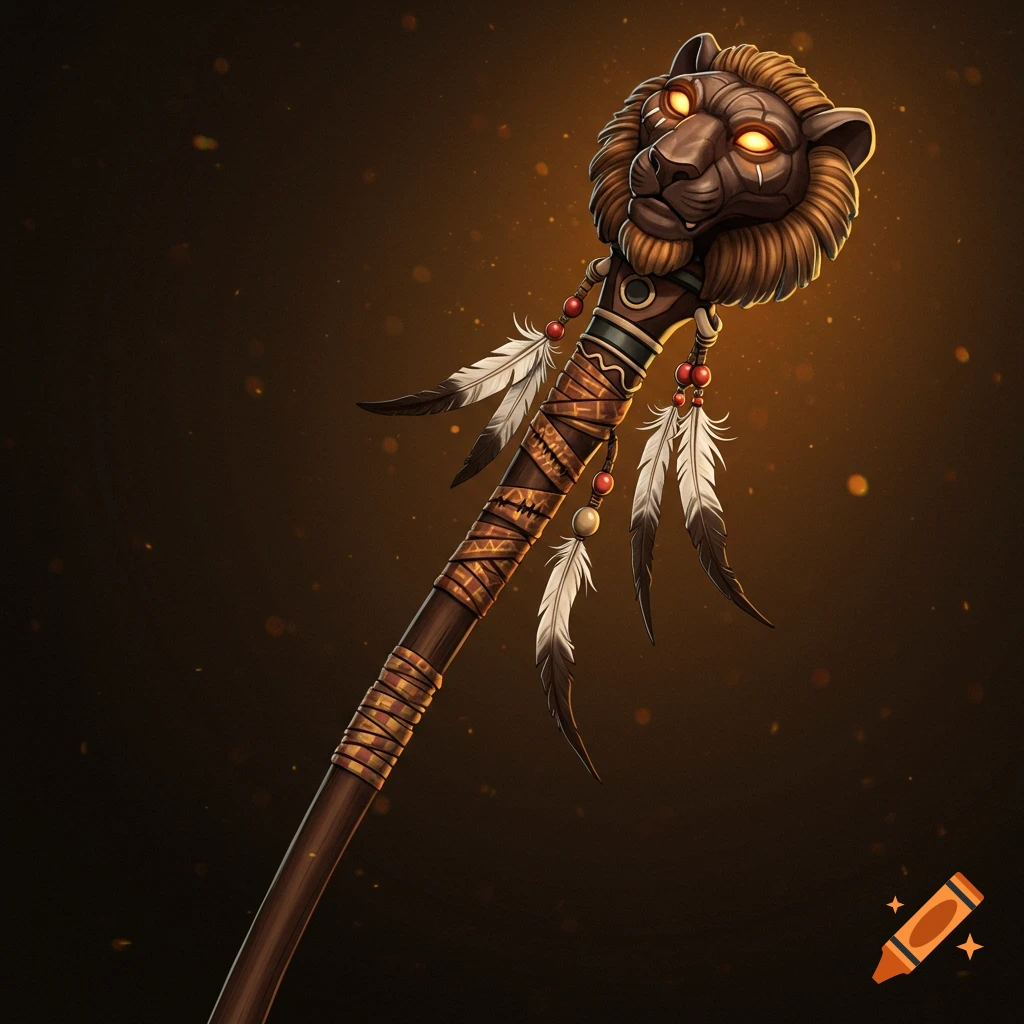 A fantasy staff with a carved lion head, adorned with feathers and beads.