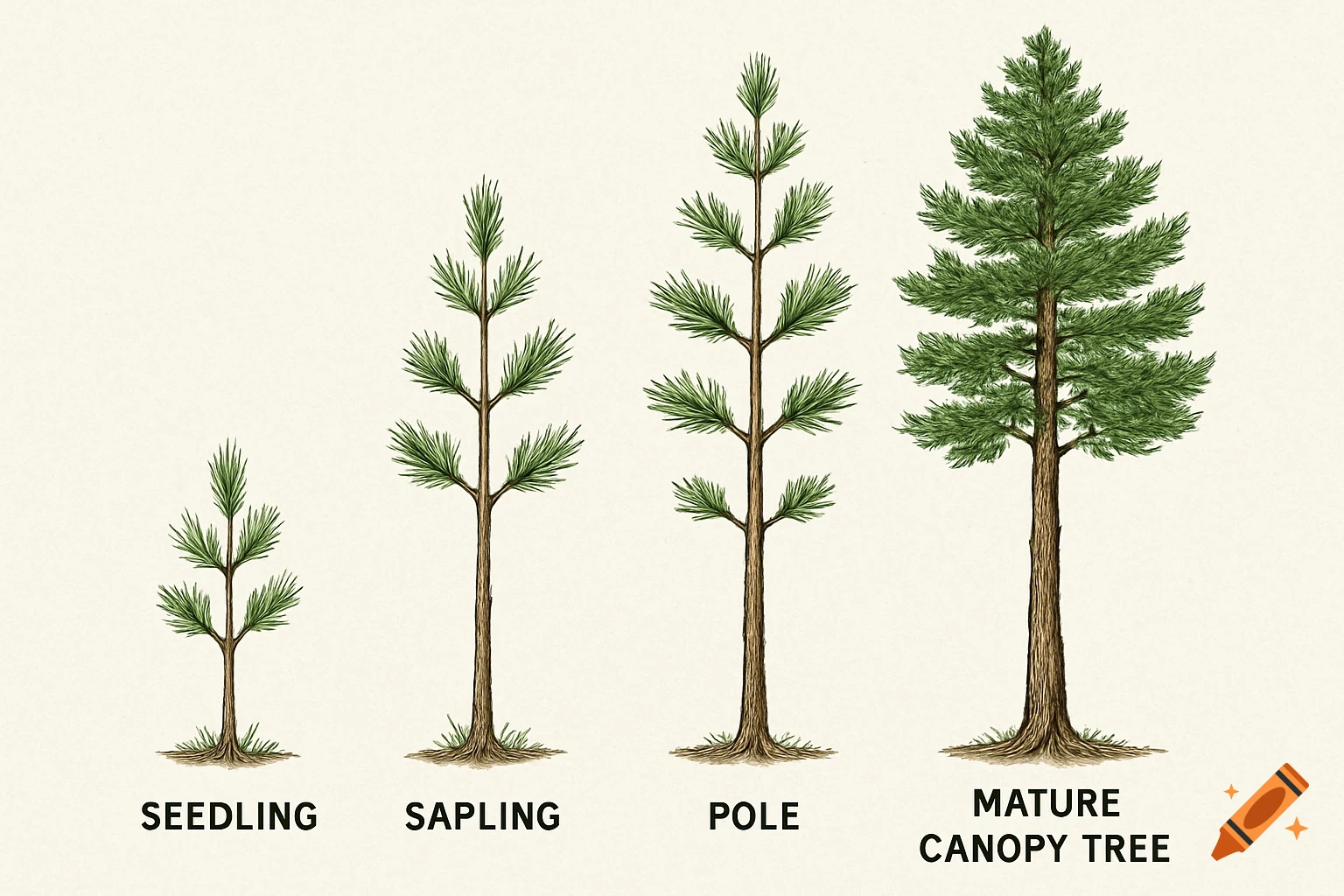 Illustration showing four stages of pine tree growth: seedling, sapling, pole, and mature canopy tree.
