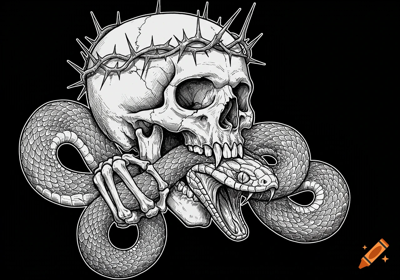 Black and white illustration of a skull wearing a crown of thorns, bitten by a snake held by skeletal hands.