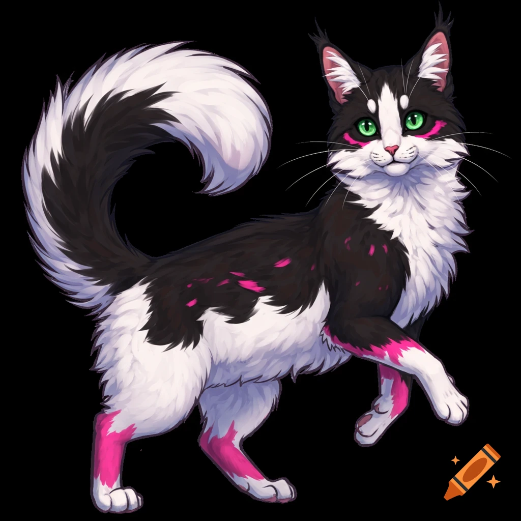 Stylized digital painting of a black and white cat with pink markings and green eyes.