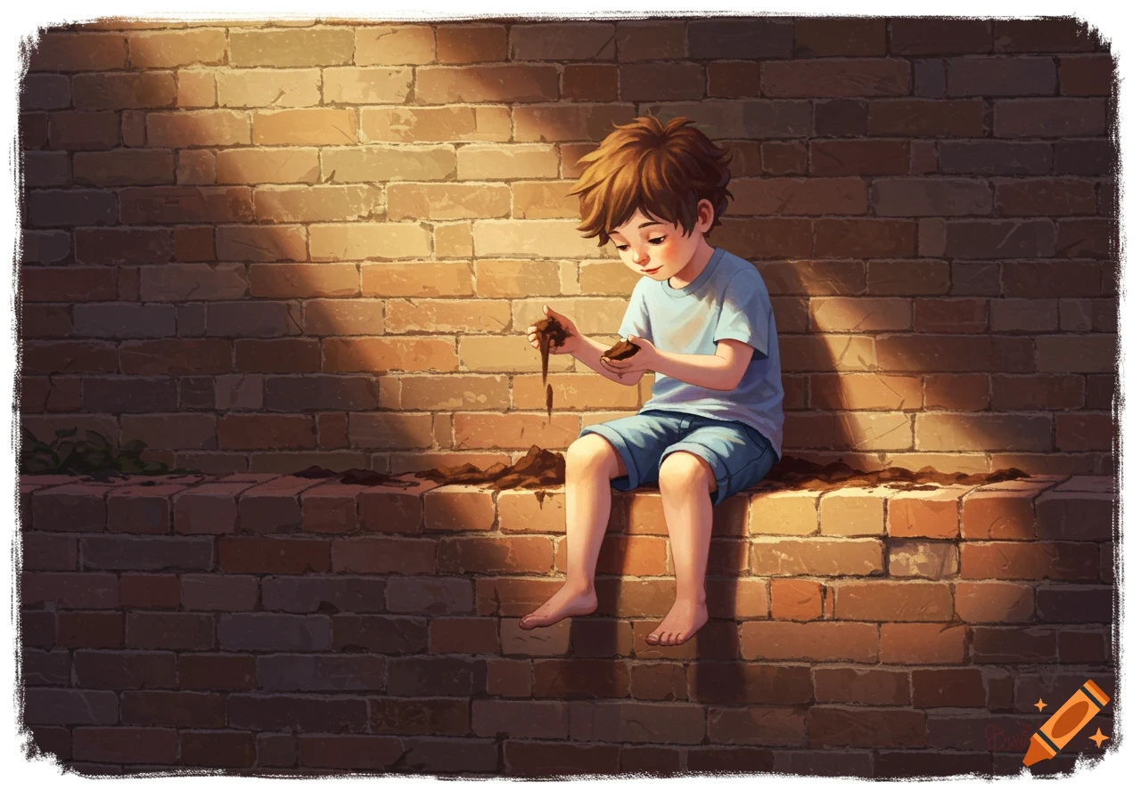 A young boy sits on a brick wall playing with dirt, rendered in a painterly style.