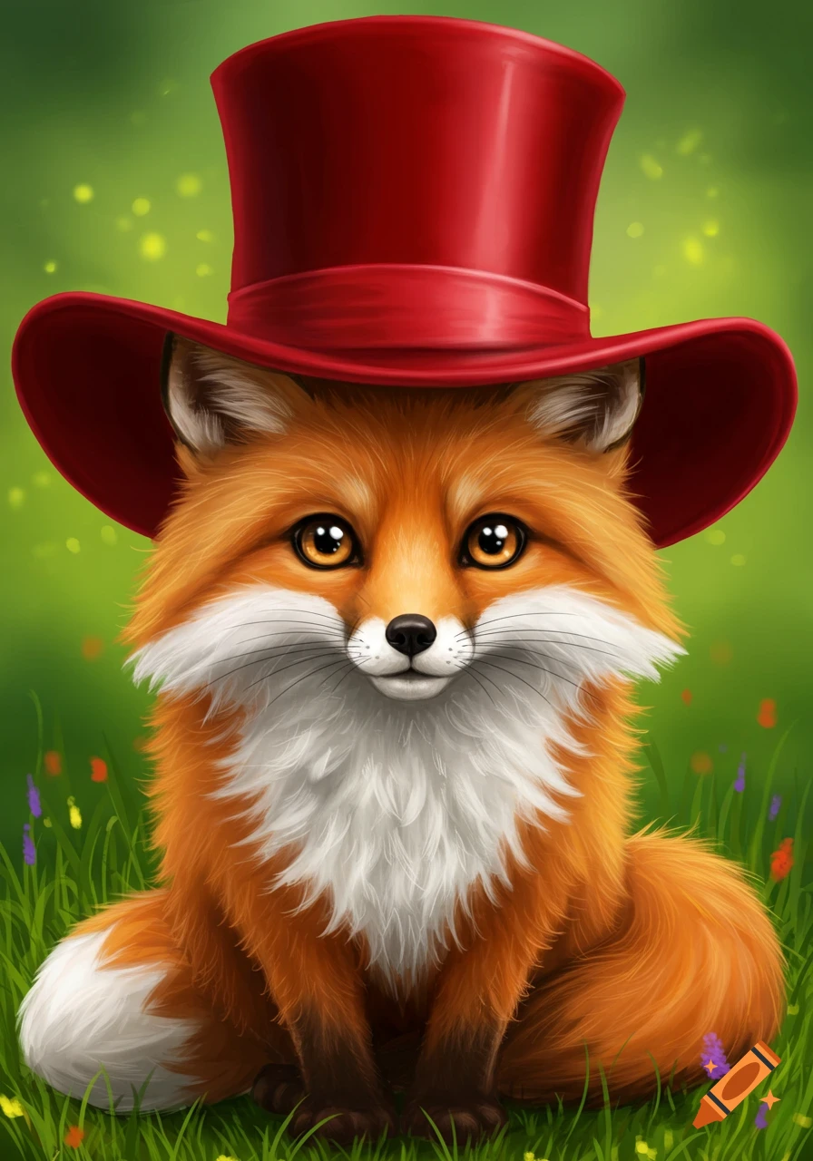 A cute cartoon fox wearing a red top hat sits in green grass with small flowers.