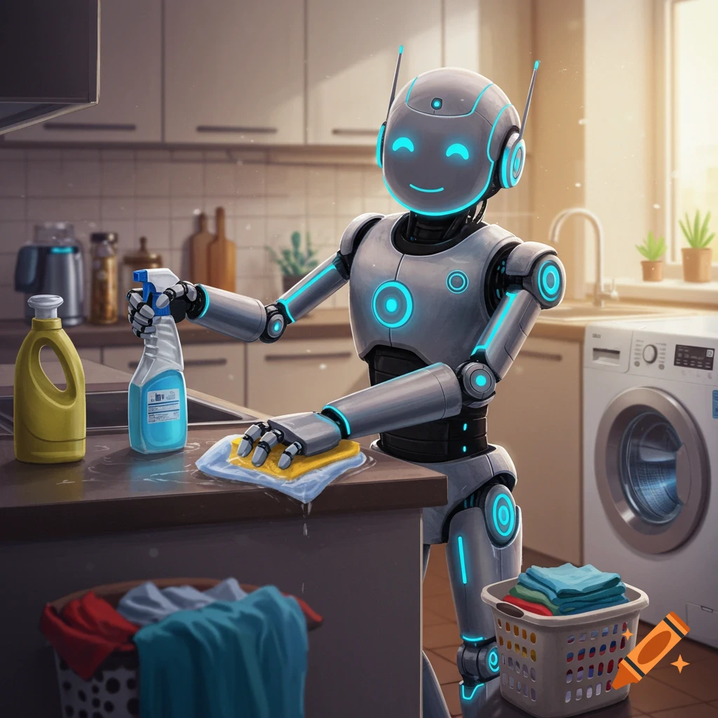 A smiling robot sprays cleaner on a counter in a kitchen, with a washing machine nearby.
