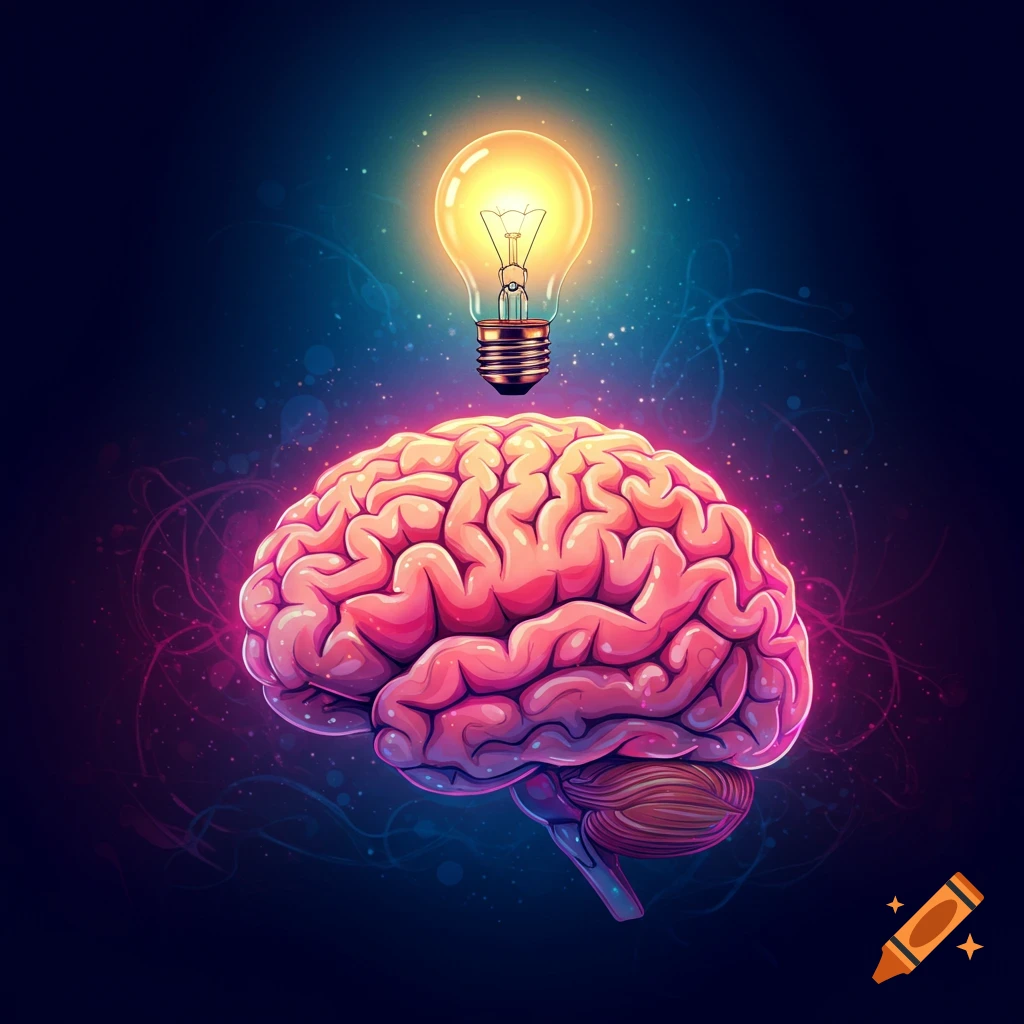 An illustration of a brain with a bright glowing light bulb above it.