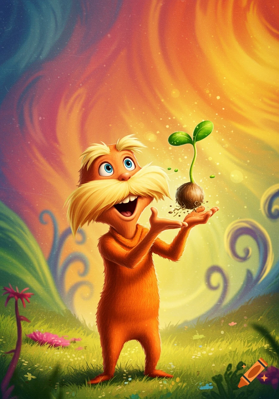 The Lorax character holds a sprouting seed in a vibrant Dr. Seuss style landscape.