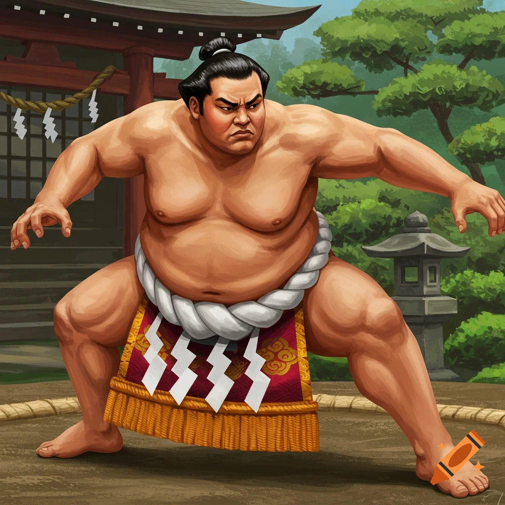 A sumo wrestler in a stance in a traditional ring.