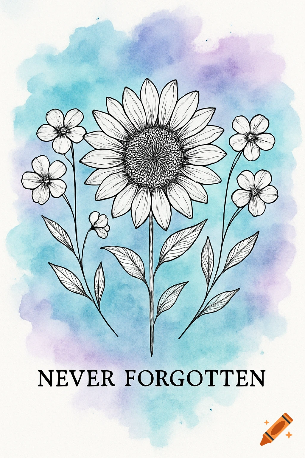 Line art sunflower and wildflowers on a blue and purple watercolor background with text 'NEVER FORGOTTEN'.
