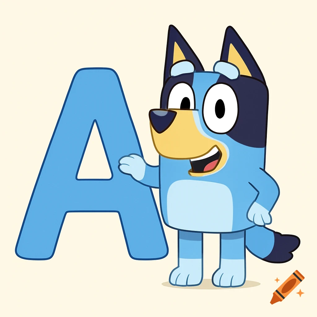 Bluey cartoon character stands beside a large blue letter A.