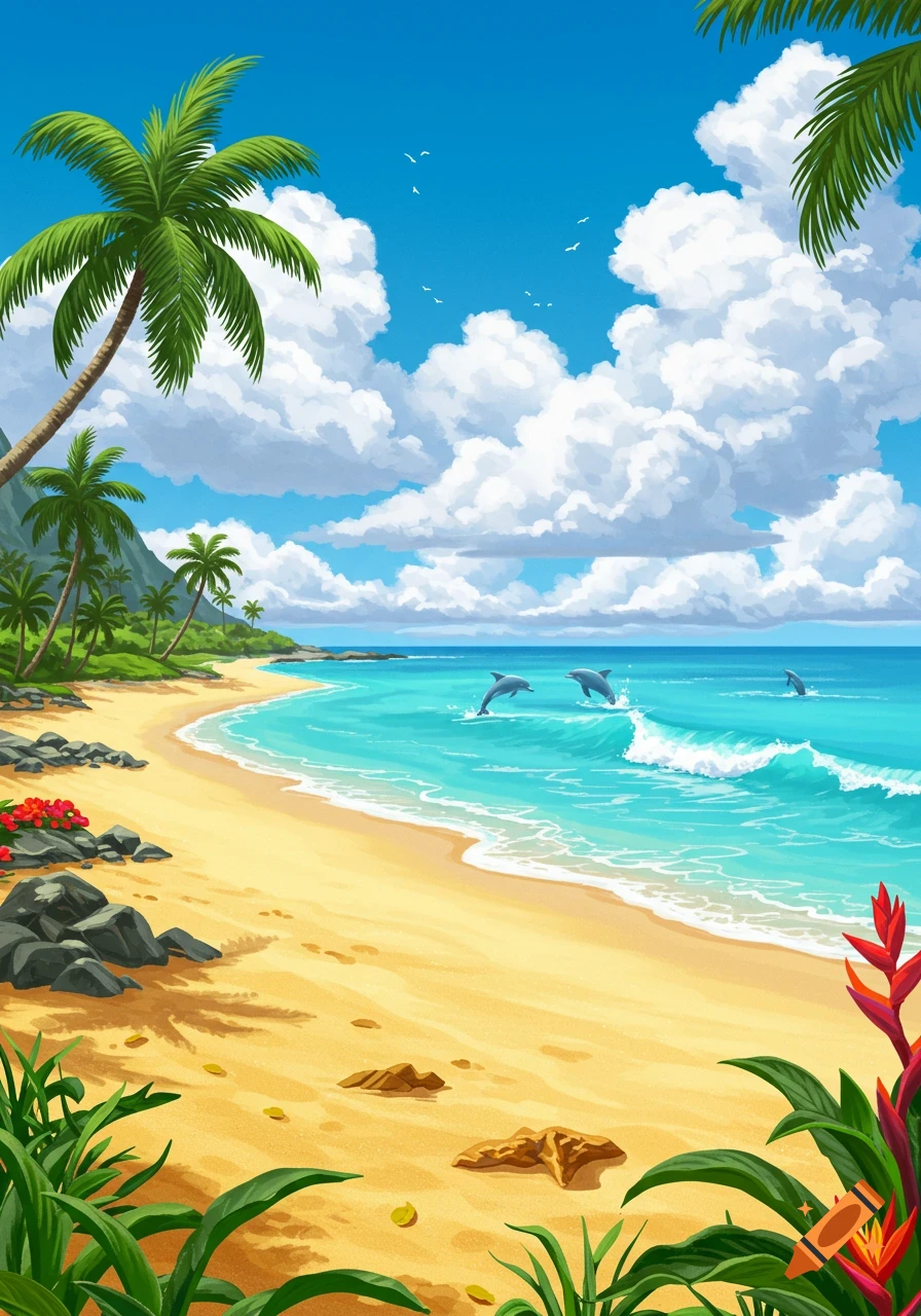 Vibrant illustration of a tropical beach with palm trees and dolphins jumping in the turquoise ocean under a blue sky.