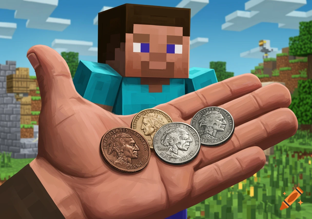 Minecraft Steve looks at a hand holding US coins.