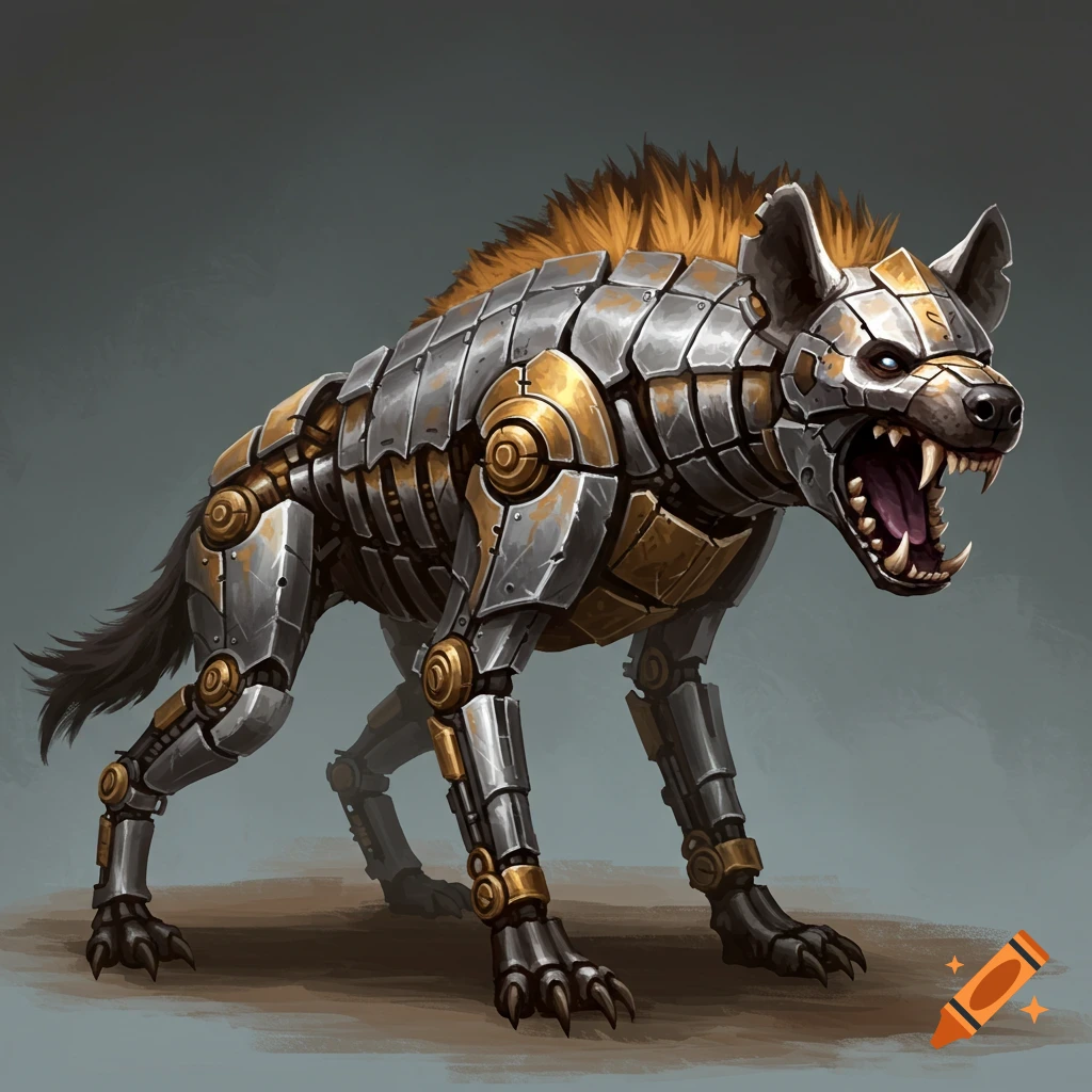 A steampunk mechanical hyena stands snarling.