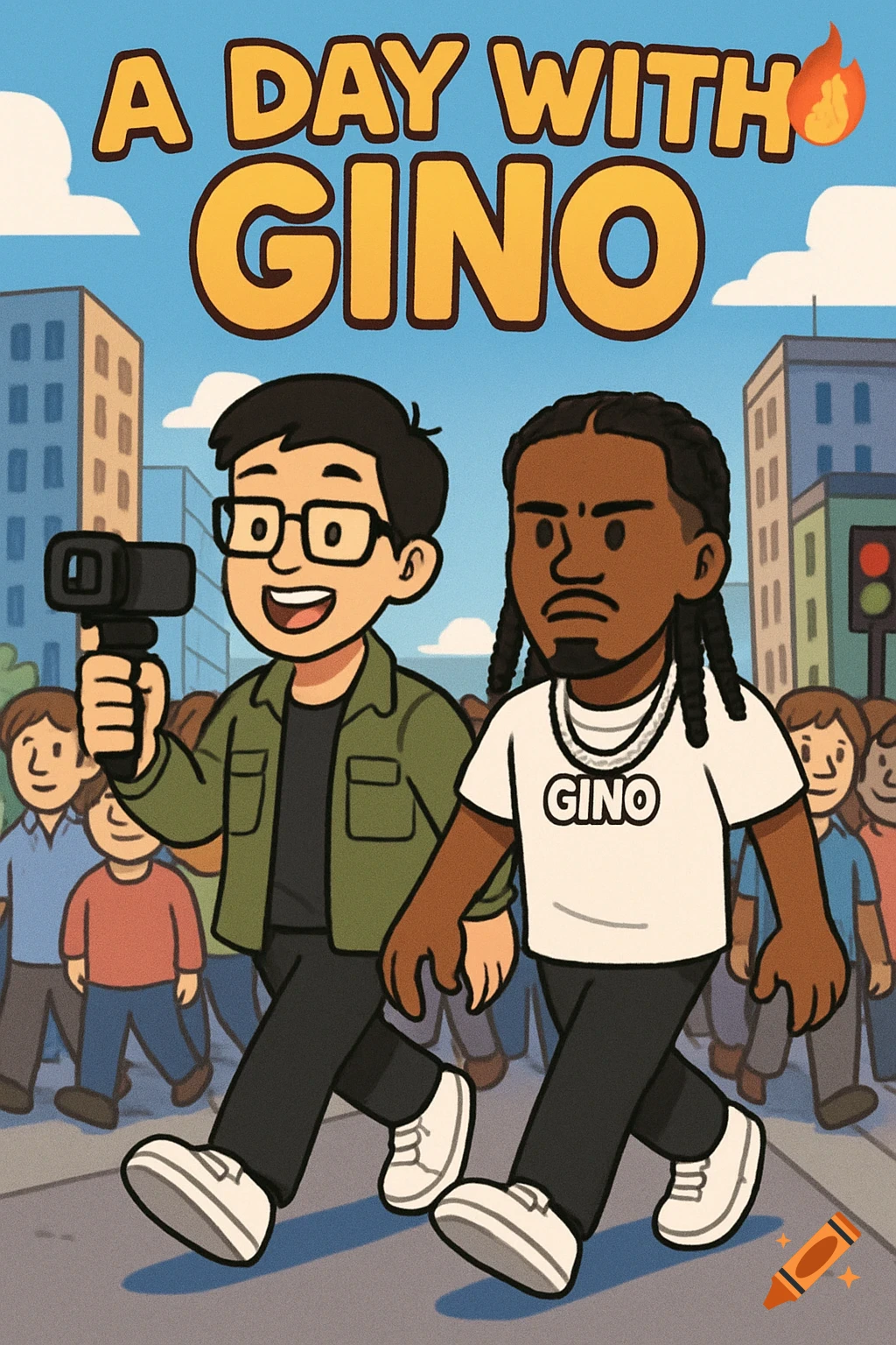Cartoon illustration of two men walking in a city street with a crowd. One holds a camera, the other wears a shirt with 'GINO'.