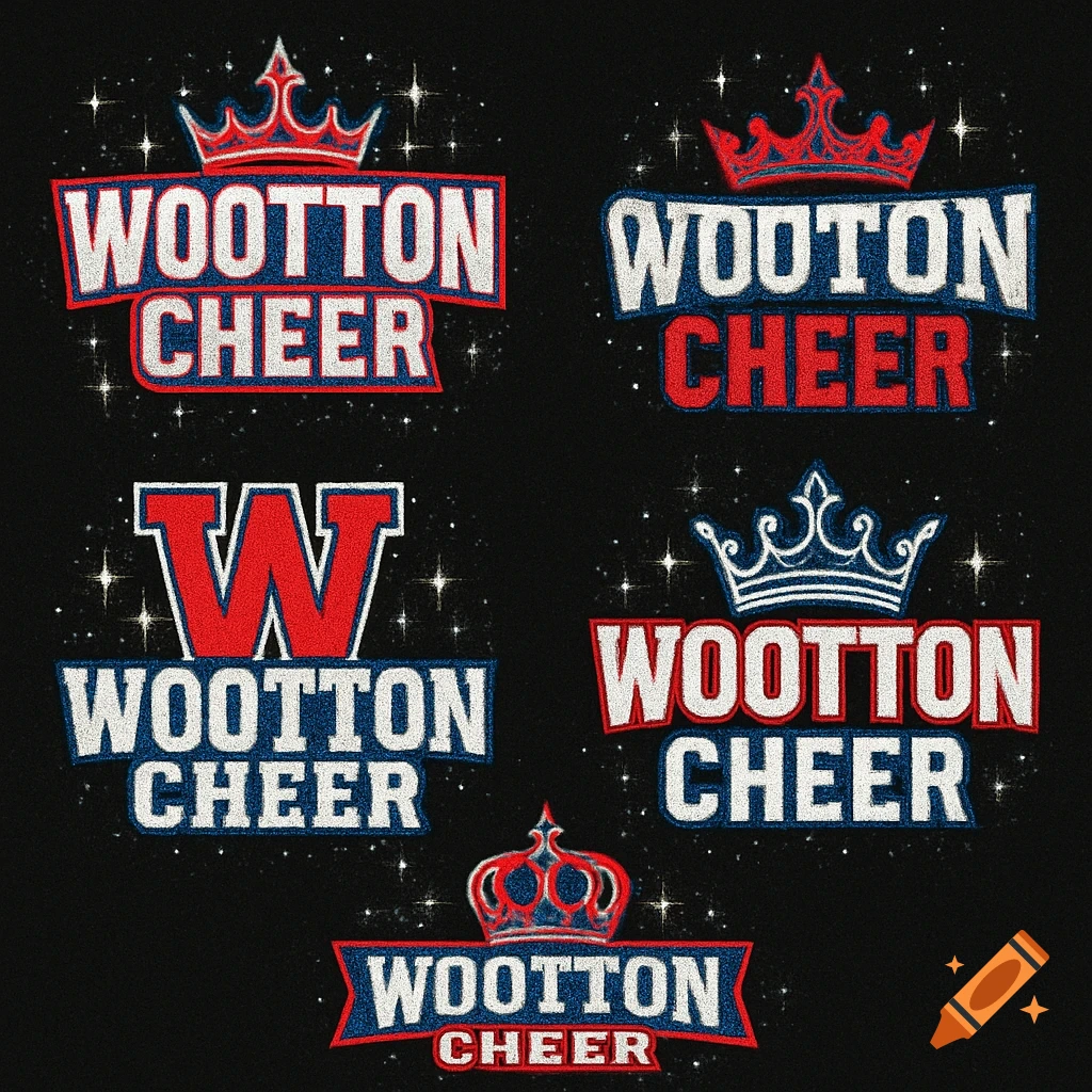 Multiple cheer team logos with text WOOTTON CHEER, a large W, crowns, and sparkles in red, white, and blue on a black background.