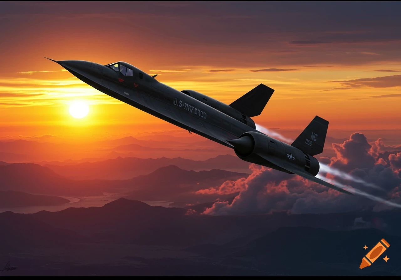 Black SR-71 Blackbird military jet flying over mountains at sunset