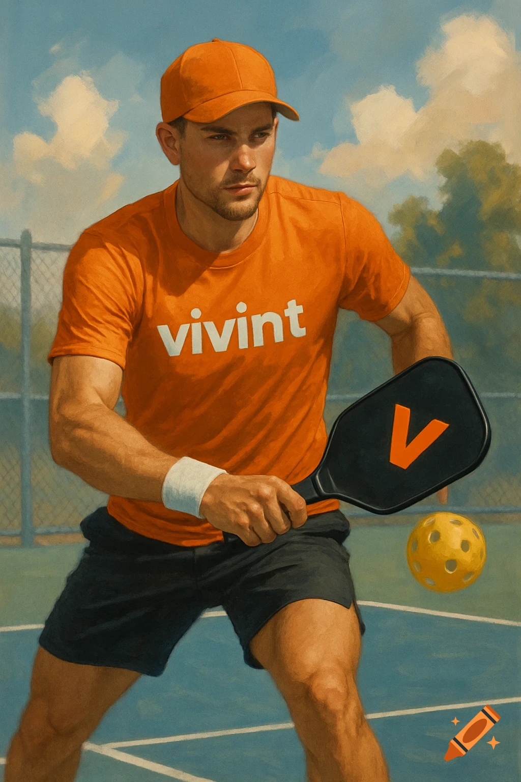 Man in orange Vivint shirt and cap playing pickleball, holding a paddle with a 'V', painterly style.