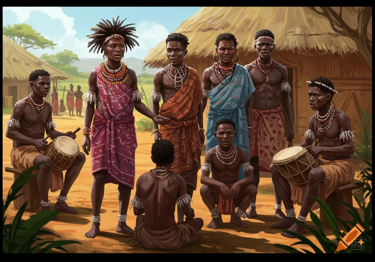 Digital painting of a group of people in traditional African clothing and jewelry in a village setting, some playing drums.