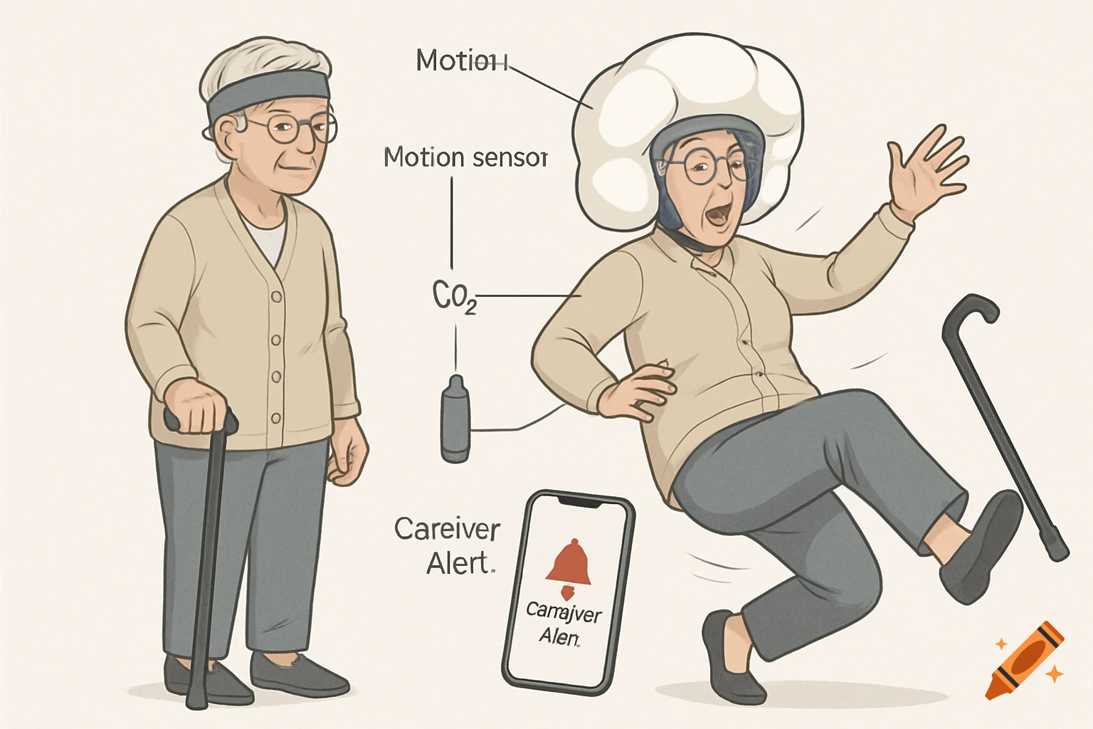 Illustration of elderly person falling with airbag helmet deploying, next to standing person. Includes diagram labels and phone alert.
