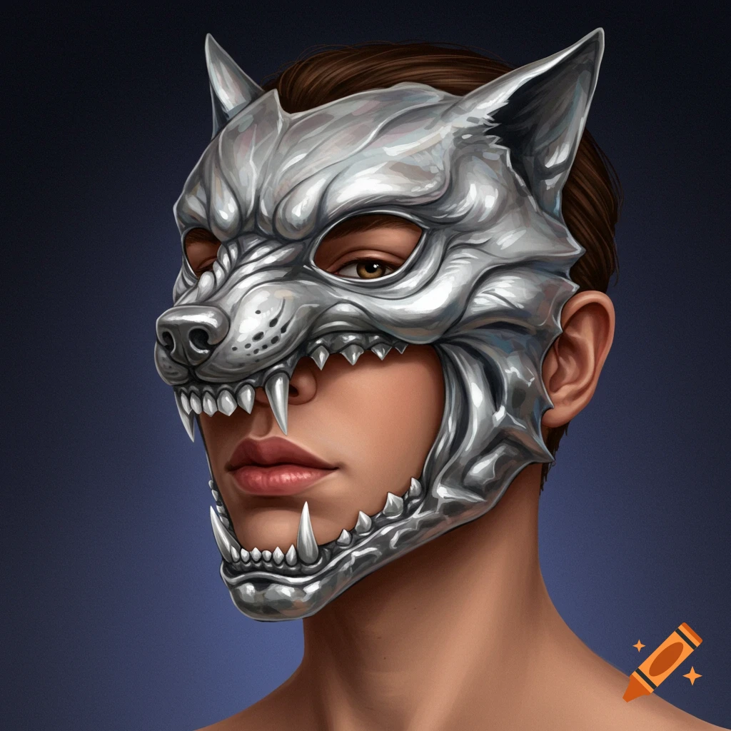 A person wears a detailed silver mask resembling a wolf's face.