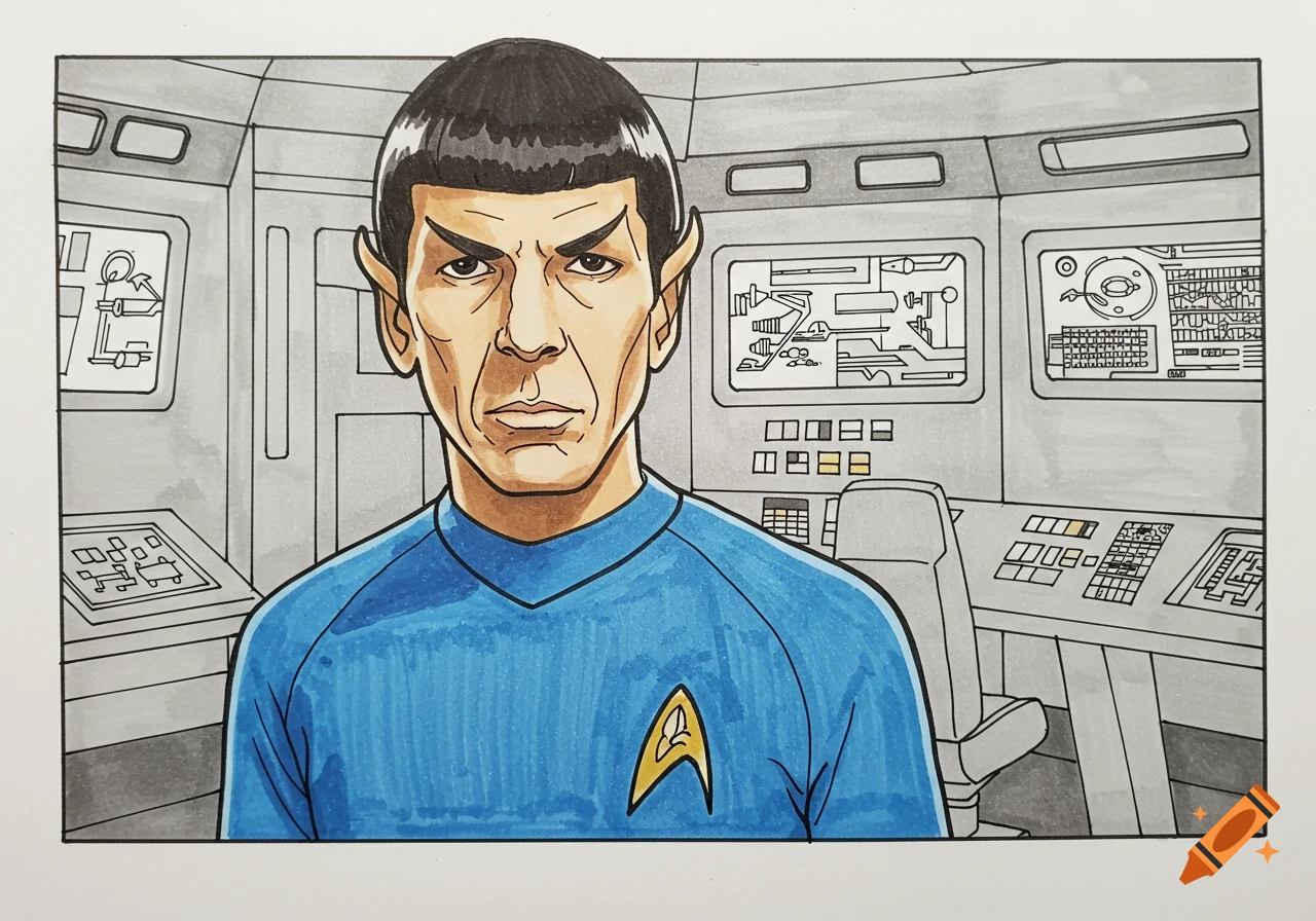 Illustration of Spock from Star Trek on the bridge of a spaceship