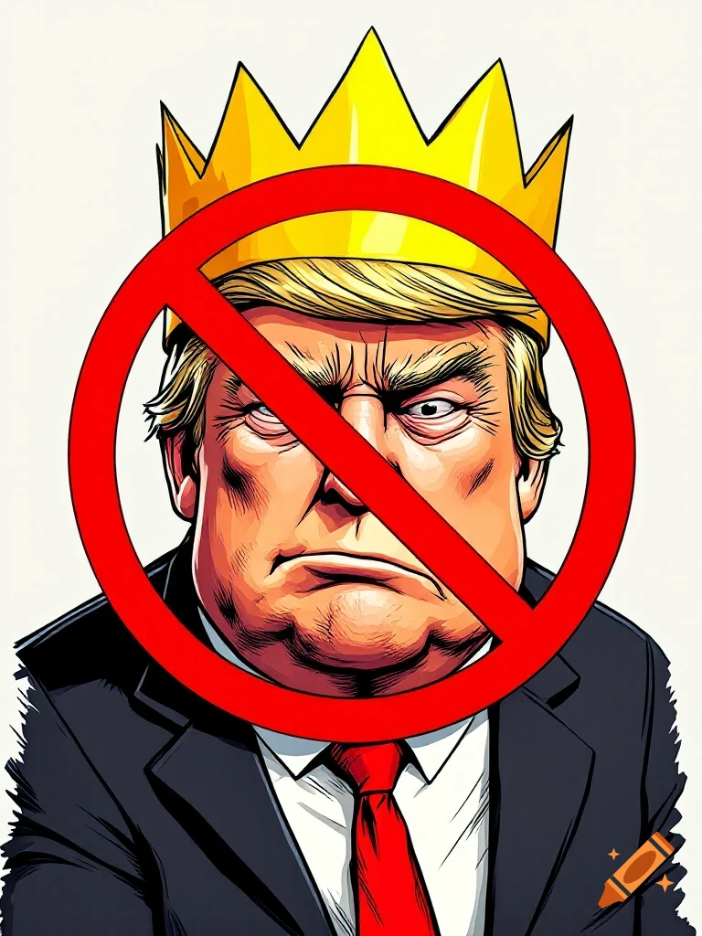 A stylized cartoon caricature of Donald Trump wearing a crown with a red prohibition sign over his face.