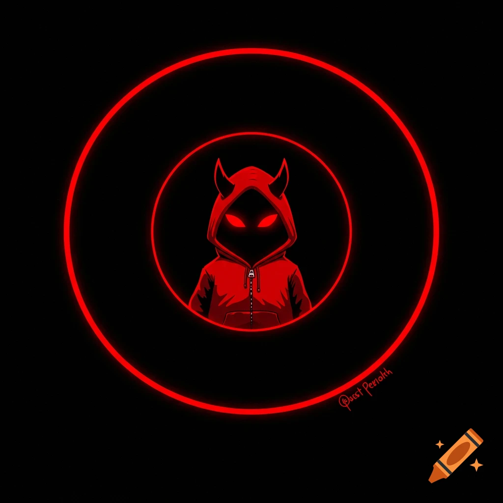 Cartoon red demon in a hoodie with glowing eyes inside red circles on black background.