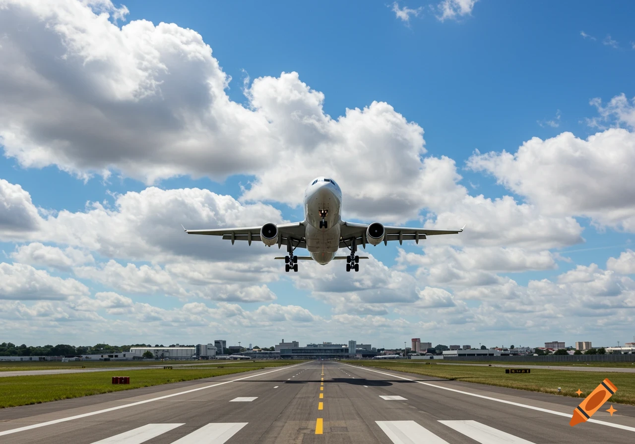 Airplane landing on a runway under a cloudy sky.