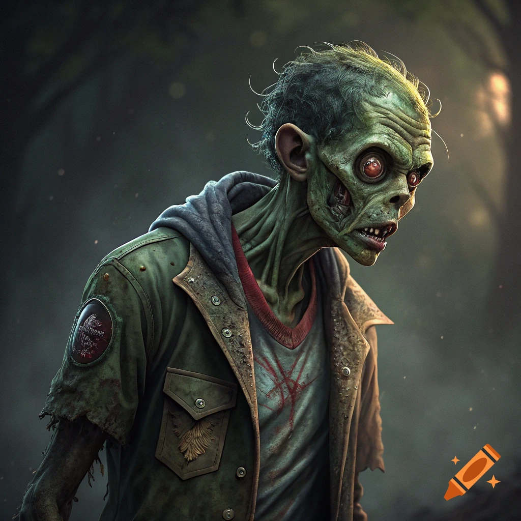 A green-skinned zombie alien creature with red eyes wearing a hooded jacket stands in a forest.