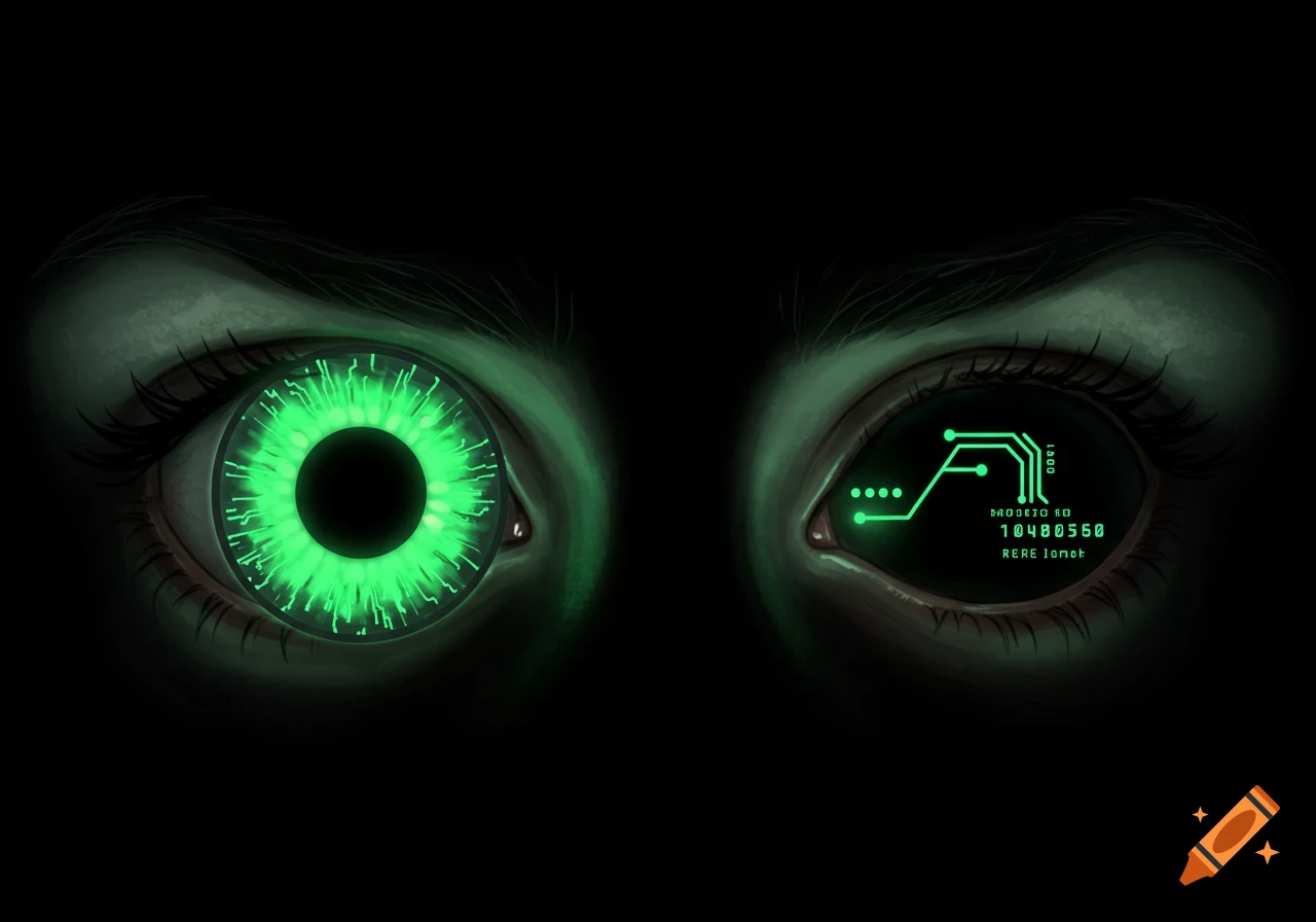 Close-up of two cybernetic eyes against a black background, one green and glowing, the other with circuit board text.