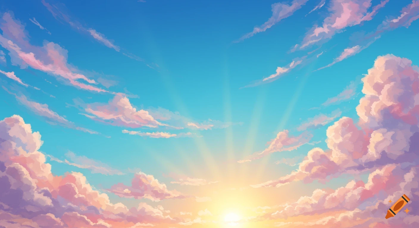A vibrant anime-style sky with pink and white clouds and bright sun rays.