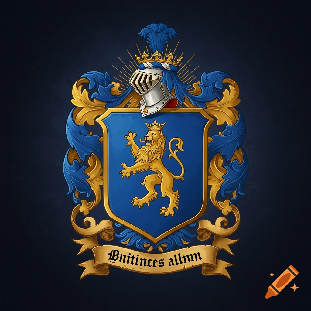 Illustration of a family coat of arms with a blue shield, golden lion, silver helmet, and text banner.