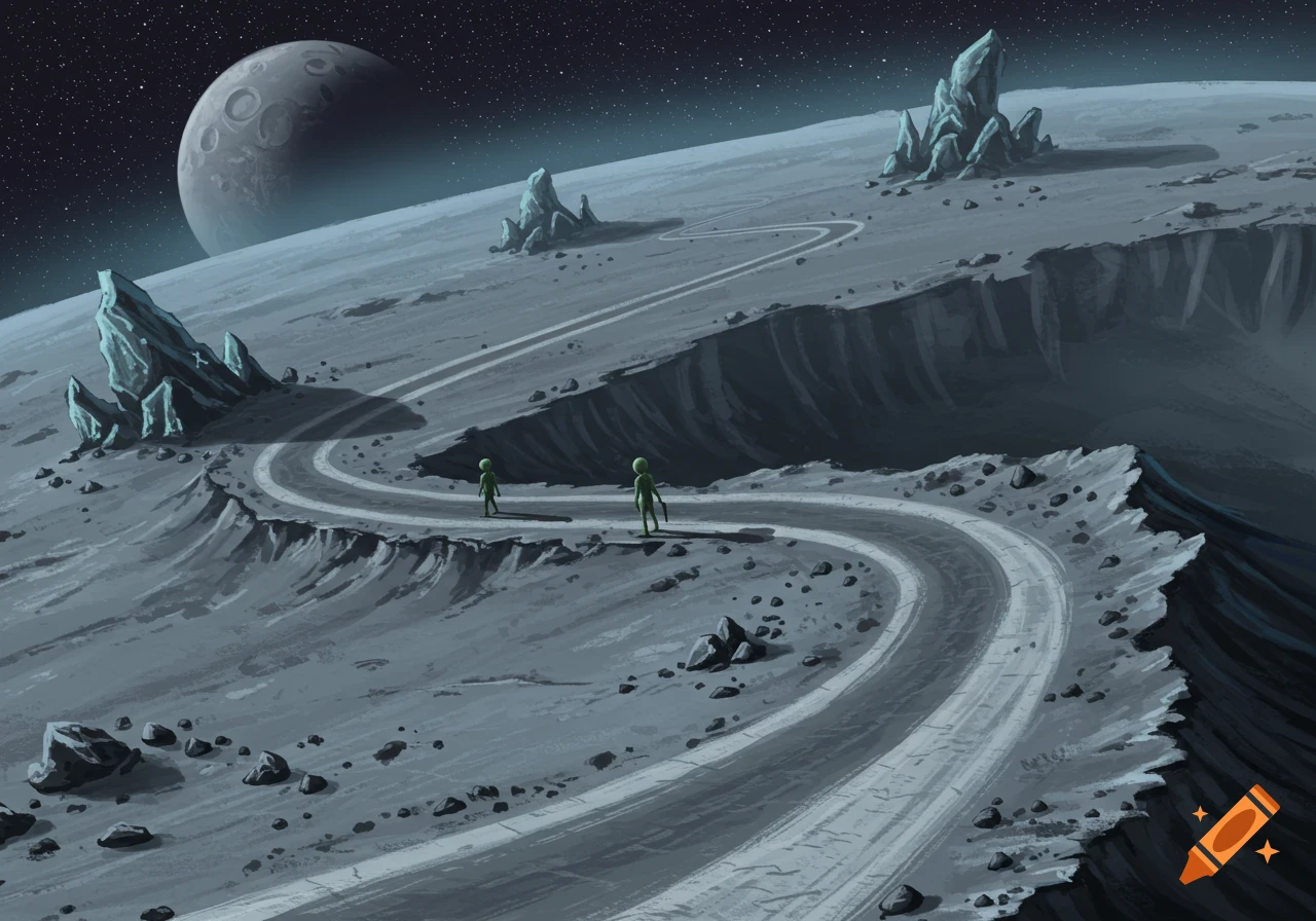 Two green aliens walk along a winding path on a grey, rocky planet under a starry sky with a large moon.