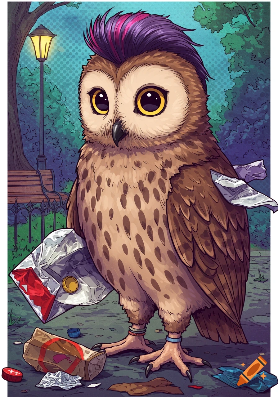 Cartoon illustration of an owl with a purple mohawk standing in a park surrounded by trash