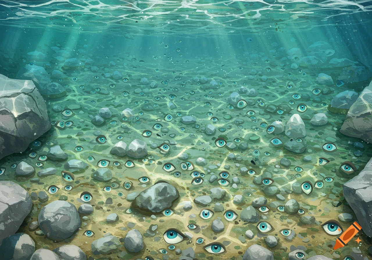An underwater view of a clear riverbed covered in stones and numerous blue eyes looking up.