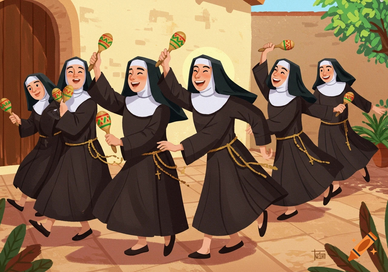 Six cartoon nuns joyfully dance in a conga line outside, playing maracas.