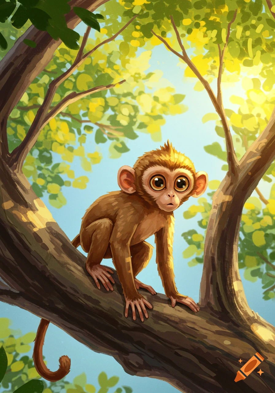 A cute cartoon monkey sits on a tree branch in an illustration.