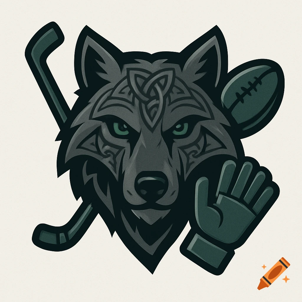 Stylized wolf head logo with Celtic knots, hockey stick, rugby ball, and goalie glove.