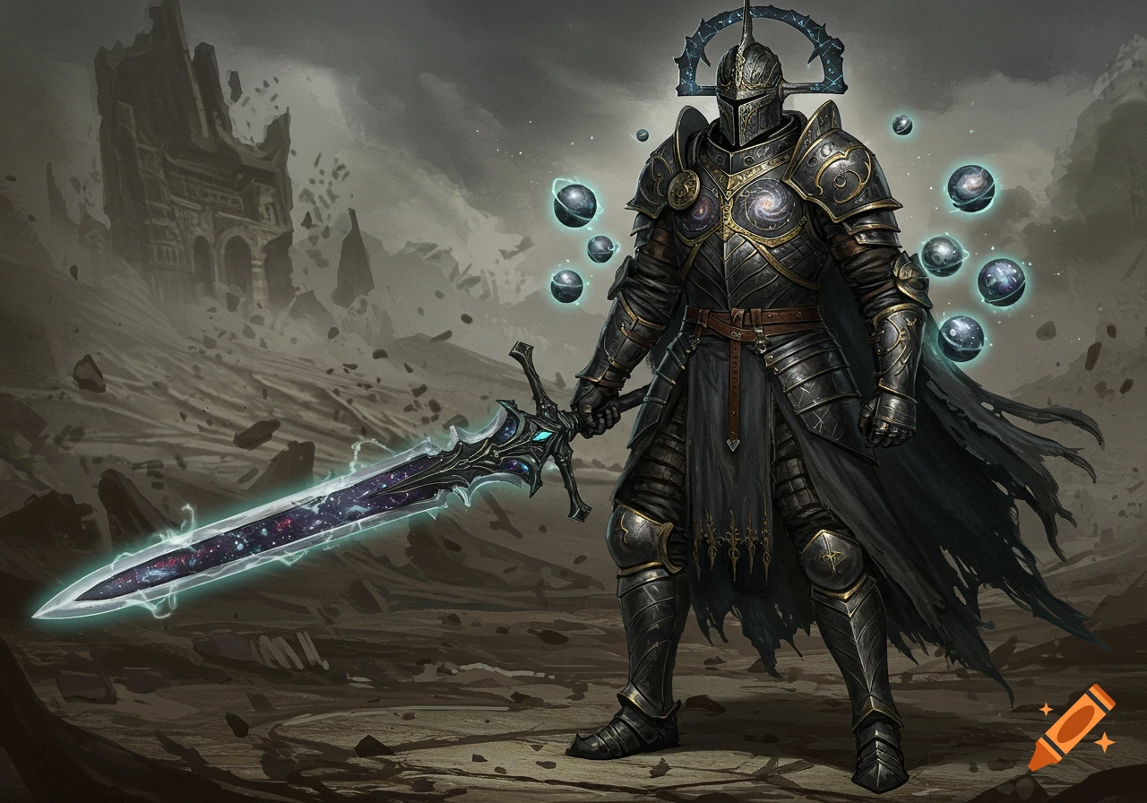 A knight in ornate cosmic armor holds a glowing sword in a ruined landscape. Fantasy concept art.