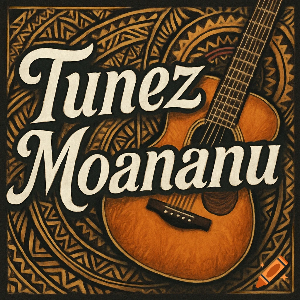 Acoustic guitar with Tunez Moananu text and a Samoan tribal pattern border.