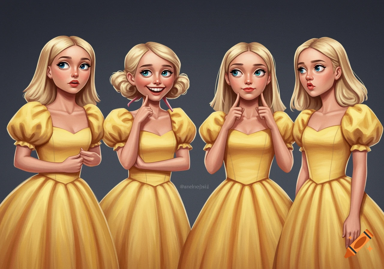Four blonde sisters in yellow poofy dresses in a digital illustration style.