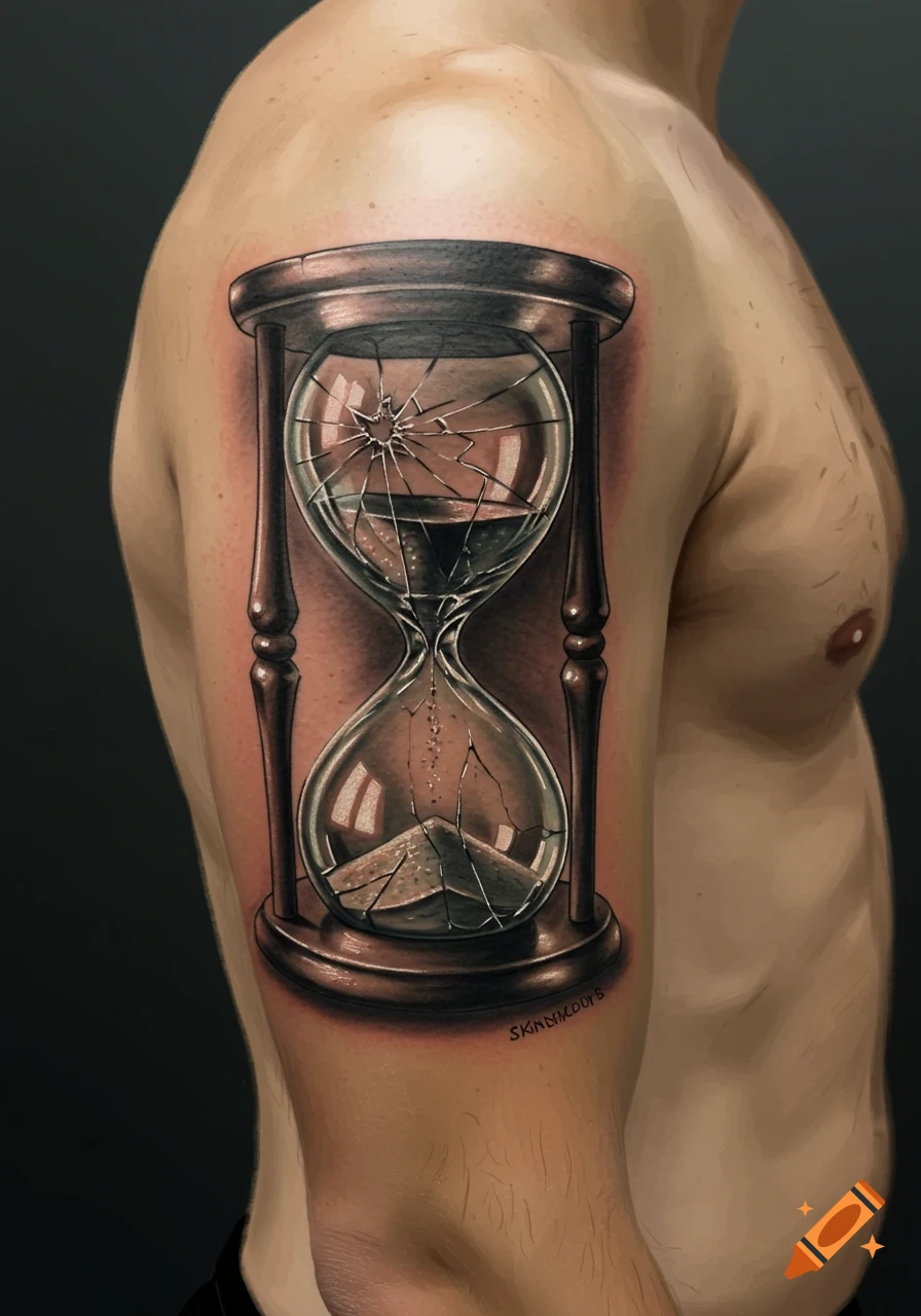 Realistic tattoo of a cracked hourglass on a man's arm