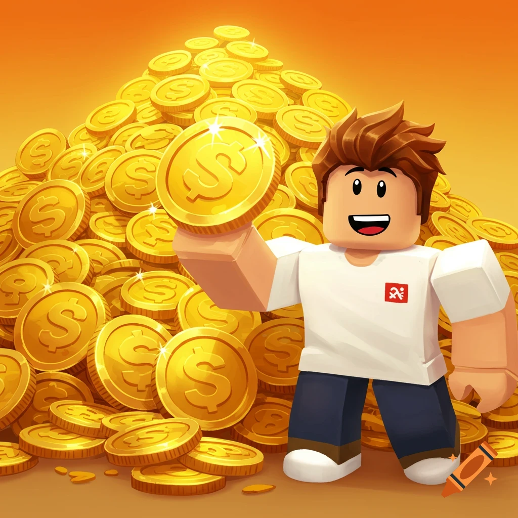 Roblox character holding a gold coin in front of a large pile of gold coins.