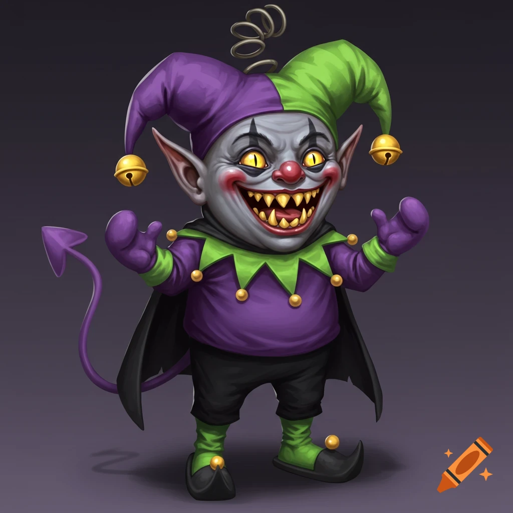 A creepy fantasy creature dressed as a jester with sharp teeth, yellow eyes, and a purple devil tail.